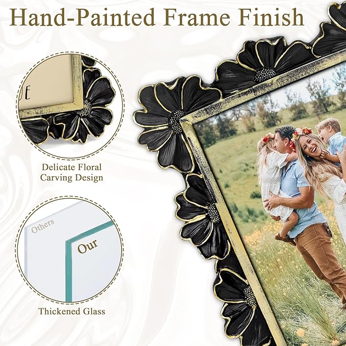 3.5x5 Vintage Flower Picture Frame, Ornate Antique Photo Frame with Glass Front, Elegant Picture Frame for for Wall or Tabletop Display, Gift ldeas for Home Decor (Black Gold)