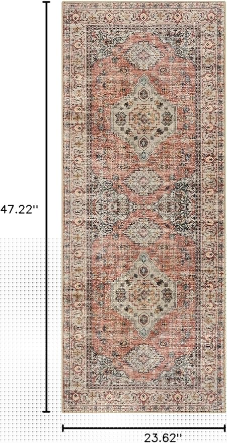 Lahome Oriental Small Area Rug, 2x4 Soft Washable Rugs for Entryway Kitchen, Non-Slip Ultra-Thin Fall Indoor Door Mat Distressed Vintage Small Carpet for Bathroom Bedroom, Peach/Orange