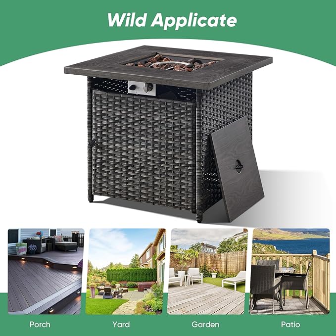 Belord 50000 BTU Propane Fire Pit Table with Lid and Lava Rock, 30 inch Outdoor Firepit Table Wicker Furniture, Square Fireplace Table Perfect for Relaxed Outside Patio Backyard Ambiance, Grey