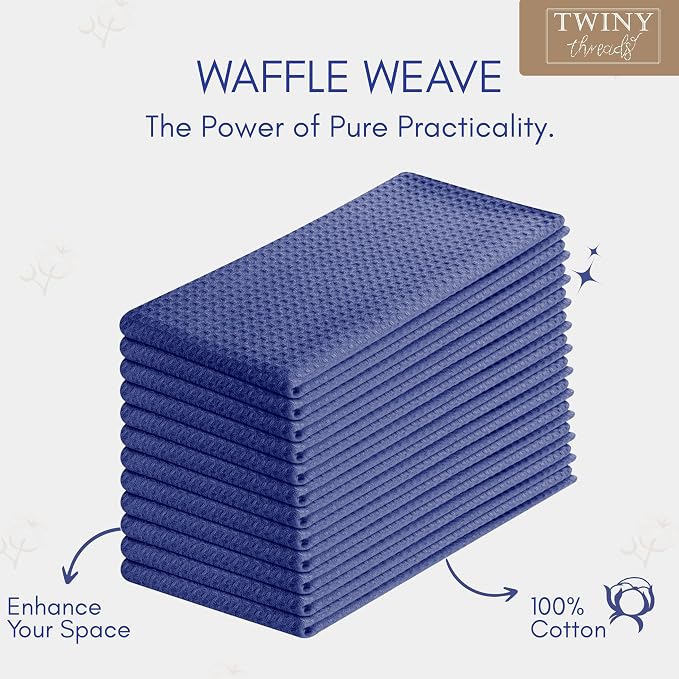 TWINY threads Kitchen Dish Towels Set of 6, 100% Cotton Waffle Weave, Absorbent Dishcloth & Tea Towel with Hanging Loop, Reusable for Table Cleaning, Quick Drying - 16x26 Inches - Indigo Blue