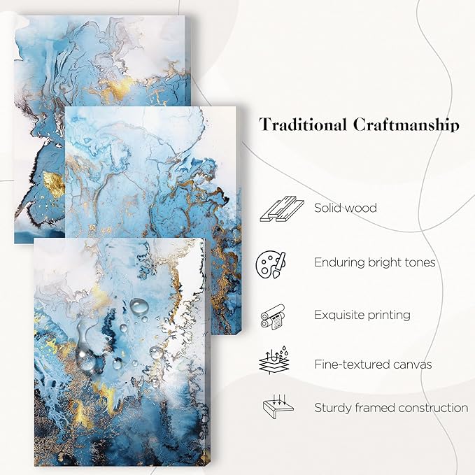 SERIMINO Blue Abstract Canvas Wall Art for Living Room, Navy and Gold Fluid Marble Wall Decor for Bedroom, Bathroom, Office, Home Decor, Set of 3 Print Painting, 12"X16"