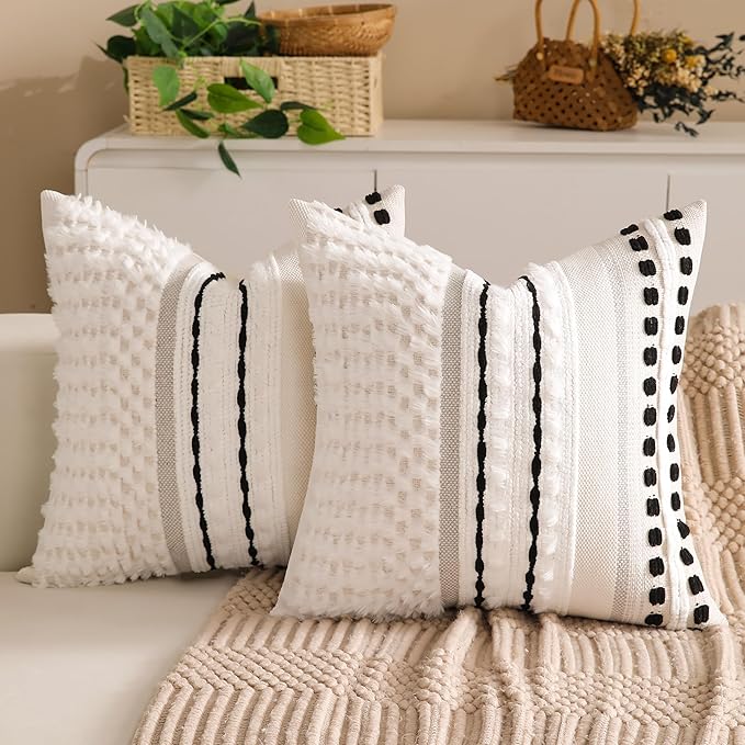 KOOLIFE Boho Chenille Tufted Couch Throw Pillow Covers 18x18 Inch Set of 2 Farmhouse Striped Decorative Pillow Covers Accent Neutral Pillowcase Black Cushion Cover for Living Room Sofa Bed