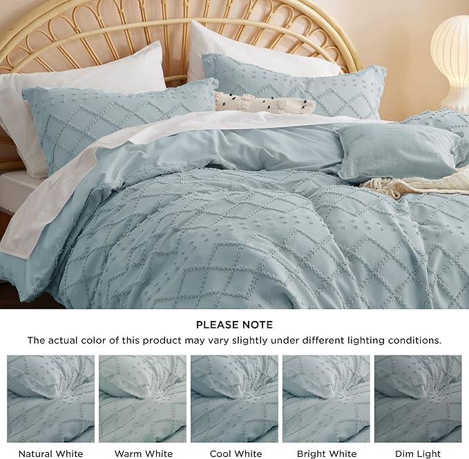 Bedsure Boho Duvet Cover Queen Size,Dusty Blue Breathable & Soft Boho Bedding, Machine Washable Comforter Cover for All Seasons, Includes 1 Duvet Cover 90"x90" with 2 Pillow Shams & Zipper Closure