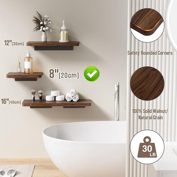 Danpoo Solid Walnut Floating Shelf, 8 inch Small Natural Wood Wall Mounted Shelf for Bathroom, Kitchen, Bedroom, Living Room, Farmhouse Decor