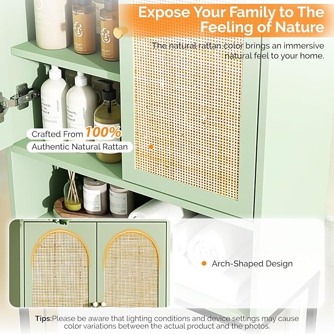 VINGLI Over The Toilet Storage Cabinet, Sage Green Bathroom Organizer Over Toilet with Arched Rattan Doors, Freestanding Space Saver Rack with Adjustable Shelf for Restroom Laundry, Modern Boho