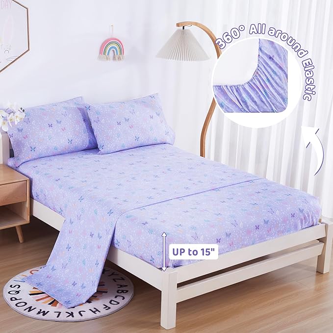 Viviland 4 Pieces Girls Light Purple Full Sheet Set - Soft Microfiber Fitted Flat Sheets & Pillowcases - Butterfly Floral Printed Bedding Sets - for Kids & Toddlers