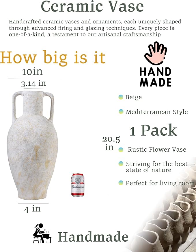 UPWOIGH 20.5in Tall Large Vintage Handles Ceramic Floor Vase, Antique White Pottery with Beige Speckles and Distressed Black Markings, Rustic Farmhouse Living Room or Bedroom Decor, Ideal Gift 1 Pack
