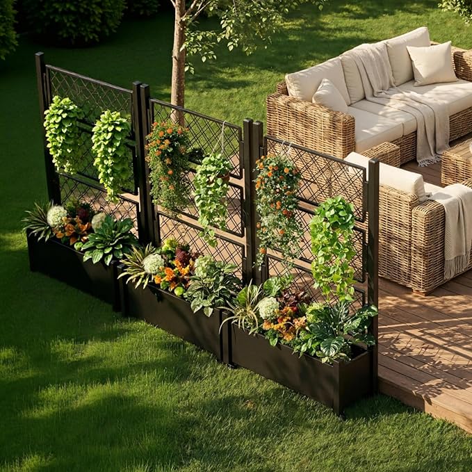Metal Planter Box with Trellis and Wheels, 72"x46"x16" Large Outdoor Garden Planter for Climbing Plants, Vegetables & Vines, Includes Drainage Holes and Privacy Screen, Black