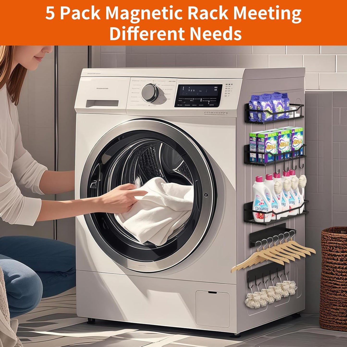 Skiennix Magnetic Spice Rack - Multifunctional Shelf for Metal Surfaces | Includes Paper Towel Holder (5 Pcs - Black)