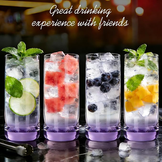 Purple Highball Glasses Set of 6, 13oz Drinking Glass Cups for Mixed Drink Cocktail, Beer, Mojito, Water and Juice,Thick Tall Crystal Glassware for Kitchen, Restaurant, Home Bar and Parties