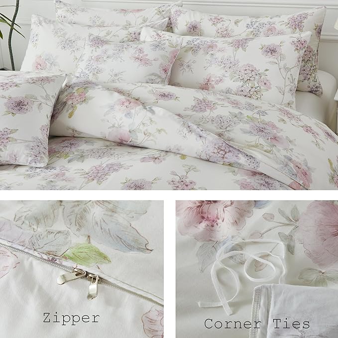 FADFAY 100% Cotton Duvet Cover Set King – Ultra Soft, Breathable & Elegant Floral Bedding for All Seasons, 3-Piece Comforter Cover with Hidden Zipper and Corner Ties