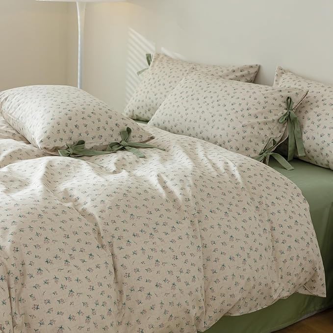 HighBuy Girl Duvet Cover Twin XL Floral Bedding Boho Soft Cotton Coquette Comforter Cover Twin XL with 2 Bowknot Bow Tie Pillowcases,Farmhouse Vintage 3 Pieces Cute Flowers Bedding Set Ultra Soft