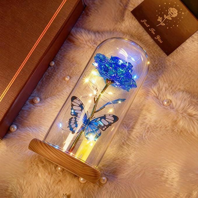 Beferr Birthday Gifts for Women Mom, Galaxy Glass Rose Forever Preserved Flowers for Delivery Prime Eternal Rose in Glass Dome Christmas Mom Gift for Grandma Wife Sister Her Friends, Blue