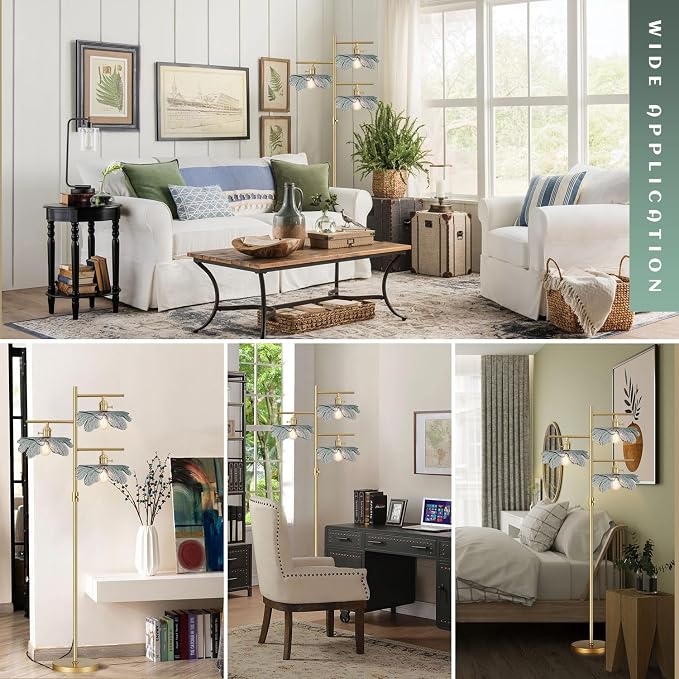 65" Dimmable Gold Floor Lamp, 3-Light Antique Brass Tree Standing Lamp with Dark Green Flower Glass Shade, Rustic Tall Floor Light for Bedroom Corner Living Room Study Office