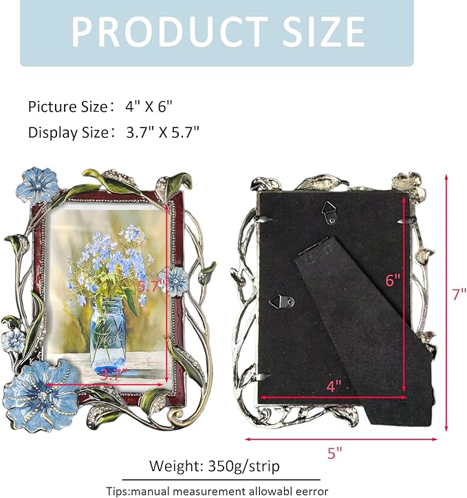 Vintage Floral Picture Frames Luxury Unique Ornate Antique Metal Photo Frame of HD Glass for Tabletop/Wall Display Gifts for Women (Blue Flowers, 4X6)