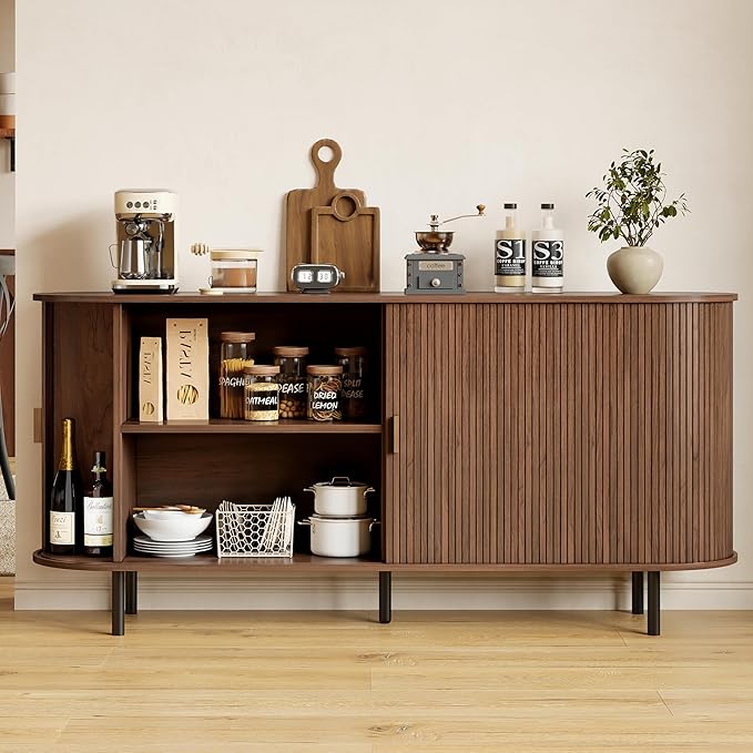 Buffet Sideboard Cabinet with Storage, 63" Fluted Cabinet with Sliding Door & Adjustable Shelf, Modern Accent Coffee Bar Console Table for Kitchen, Entryway, Walnut