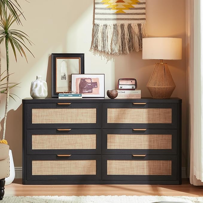 LEYAOYAO Rattan 6 Drawer Dresser for Bedroom Set of 2, Boho 54" Wide Black Dresser Chest of Drawers, Dressers TV Stand with Metal Handle, Storage Dressers Closet Organizer for Living Room, Hallway