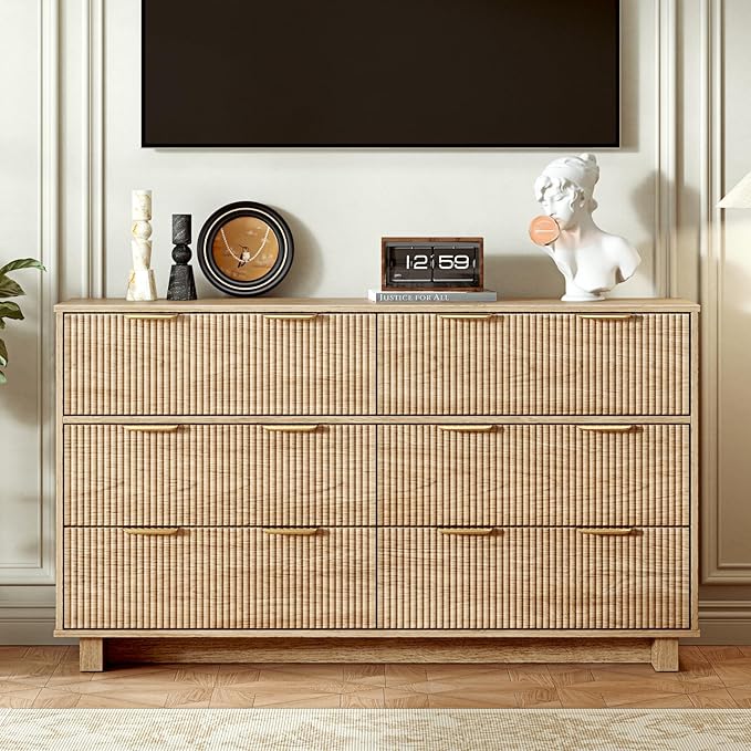 54.72" Modern Chest of Drawer, 6 Deep Drawers,Clothes Organizer,Large Storage Cabinet for Living Room, Bedroom,Dresser TV Stand, Wood Drawer Organizer for Living Room, Hallway, Timber
