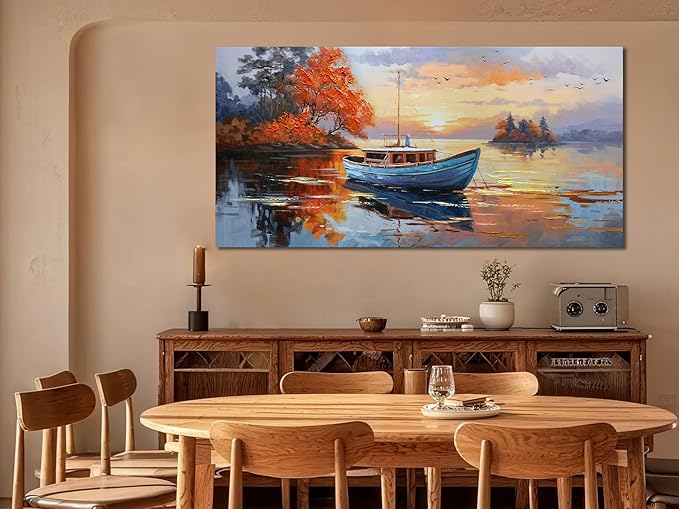 Brushart Ship Wall Art for Living Room, Large Canvas Wall Art Landscape Picture Painting Wall Decor Textured Artwork for Walls Bedroom Home Office 48"x24"