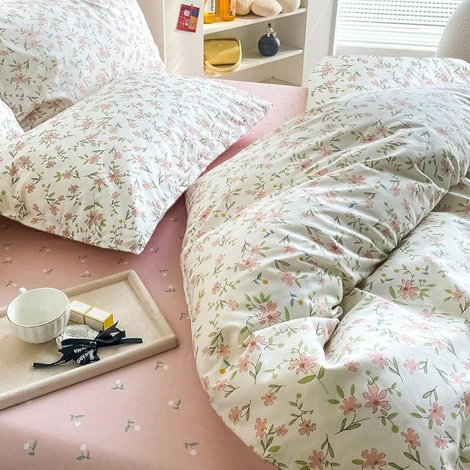 LifeTB Garden Style Pink Floral Comforter Set Full Size All Season Chic Floral Farmhouse Bedding Comforter with 2 Pillowcases Vintage Botanical Comforter Set Fluffy Cozy Comforter for Girls Women
