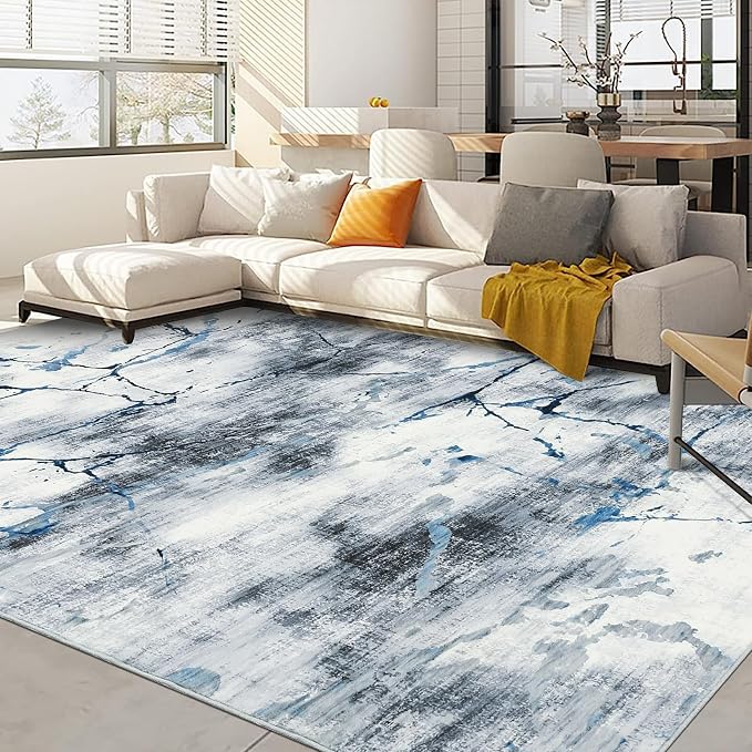 Washable Area Rugs 9x12 Living Room Rugs Soft Bedroom Large Indoor Carpet Abstract Neutral Dining Room Rug Non-Slip Stain Resistant Thin Foldable Floor Carpet for Playroom Nursery, Blue