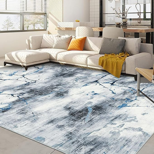 Washable Area Rugs 9x12 Living Room Rugs Soft Bedroom Large Indoor Carpet Abstract Neutral Dining Room Rug Non-Slip Stain Resistant Thin Foldable Floor Carpet for Playroom Nursery, Blue