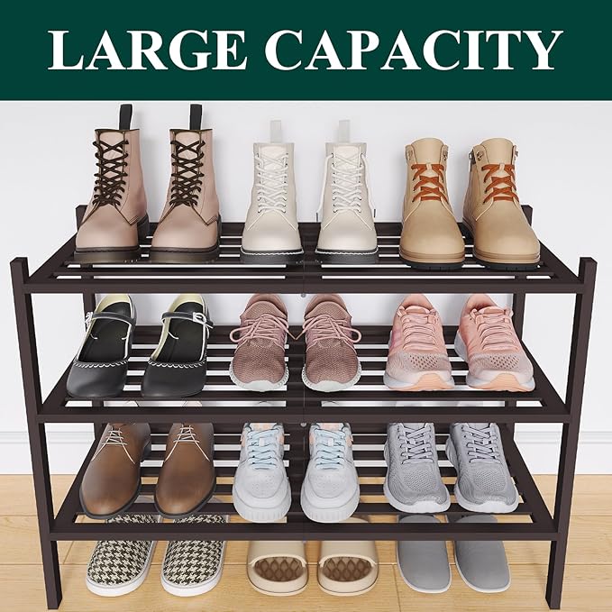 Smiry Bamboo Shoe Rack 3-Tier, Stackable Wooden Shoe Organizer for Entryway & Closet, Free Standing Wood Shoe Storage Shelf for Front Door & Small Spaces, Brown