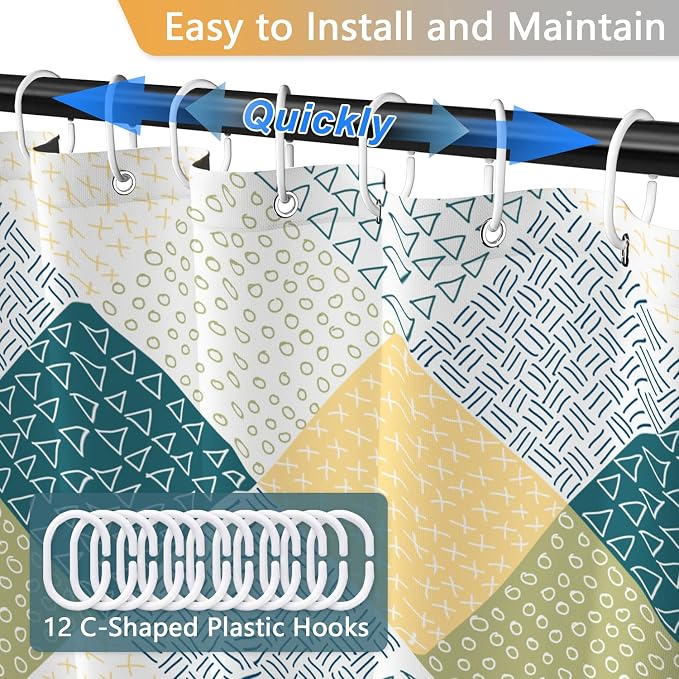 Boho Green and Yellow Shower Curtain, Modern Chic Abstract Geometric Striped Pattern Bathroom Curtains, Minimalist Hotel Style Polyester Shower Curtain, Waterproof Fabric with Hooks, 72" W x 72" L