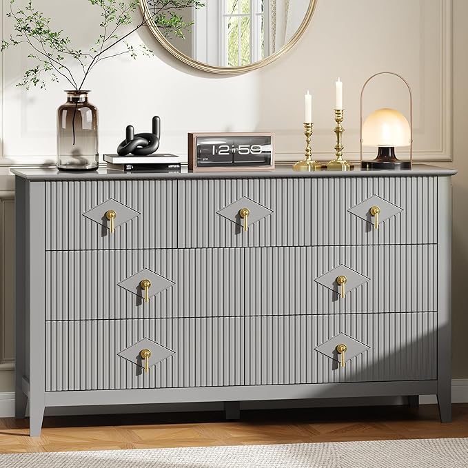 GarveeHome Fluted Dresser for Bedroom, 54 Inch Wide 7-Drawer Wood Dresser, Modern Chest of Drawers, Storage Organizer Cabinet for Living Room, Hallway, Entryway, Grey