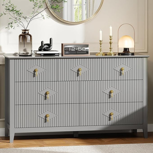 GarveeHome Fluted Dresser for Bedroom, 54 Inch Wide 7-Drawer Wood Dresser, Modern Chest of Drawers, Storage Organizer Cabinet for Living Room, Hallway, Entryway, Grey