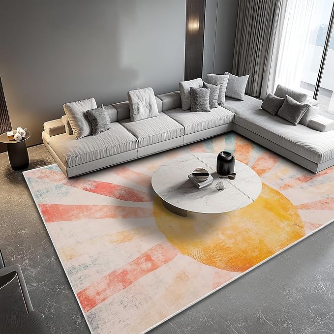 6x9 Boho Sun Area Rug Retro Orange Yellow Blue Beige Bedroom Rug Low Pile Thin Large Carpet Living Room Non Slip Dining Room Stain Resistant Office Washable Machine Classroom