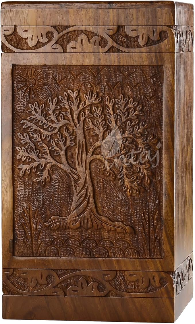 INTAJ Wooden Tree of Life Cremation Urns for Human Ashes – Memorial Urn Box and Casket for Adult Male, Female, Child, or Pets (Cat/Dog) – Burial Funeral Urn Holds Up to 180 Cubic Inches of Ashes
