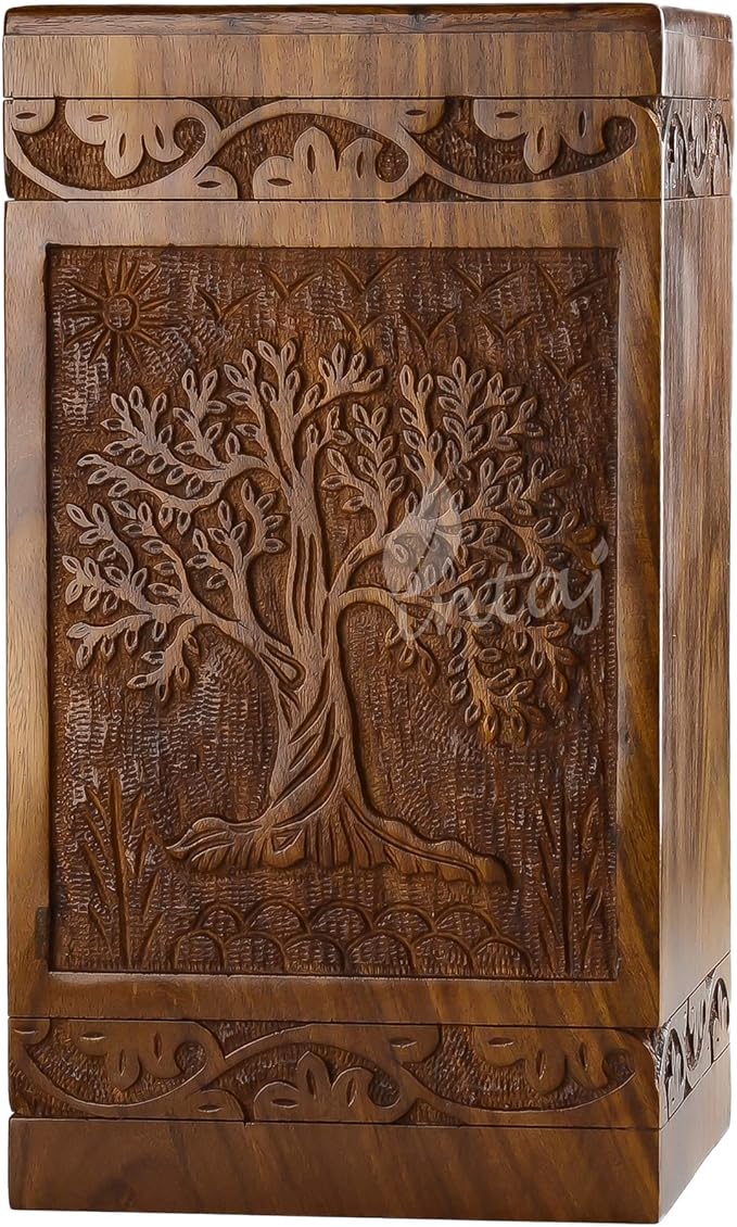 INTAJ Handcarved Wooden Cremation Urn for Human Ashes - Tree of Life Design, 115 lbs Capacity, Suitable for Adult Men and Women, Mom and Dad - Decorative Funeral Urn Box and Casket