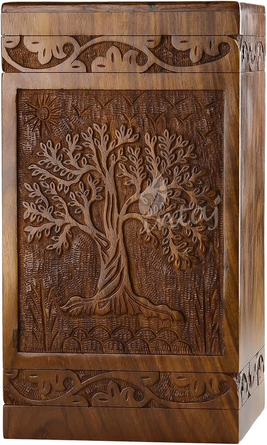 INTAJ Handcarved Wooden Cremation Urn for Human Ashes - Tree of Life Design, 115 lbs Capacity, Suitable for Adult Men and Women, Mom and Dad - Decorative Funeral Urn Box and Casket