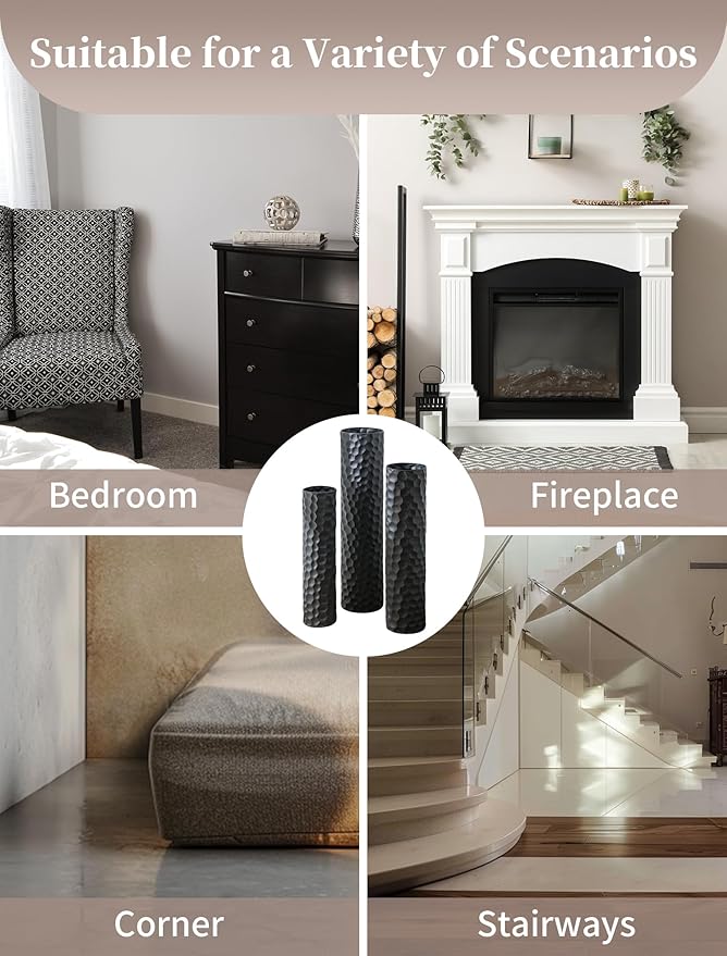 Sziqiqi Black Tall Floor Vase: 27/23/20in Large Floor Vases Standing for Living Room - Hammered Metal Floor Vases Set of 3 - Cylinder Flower Vase for Dining Bedroom Home Corner Indoor Office
