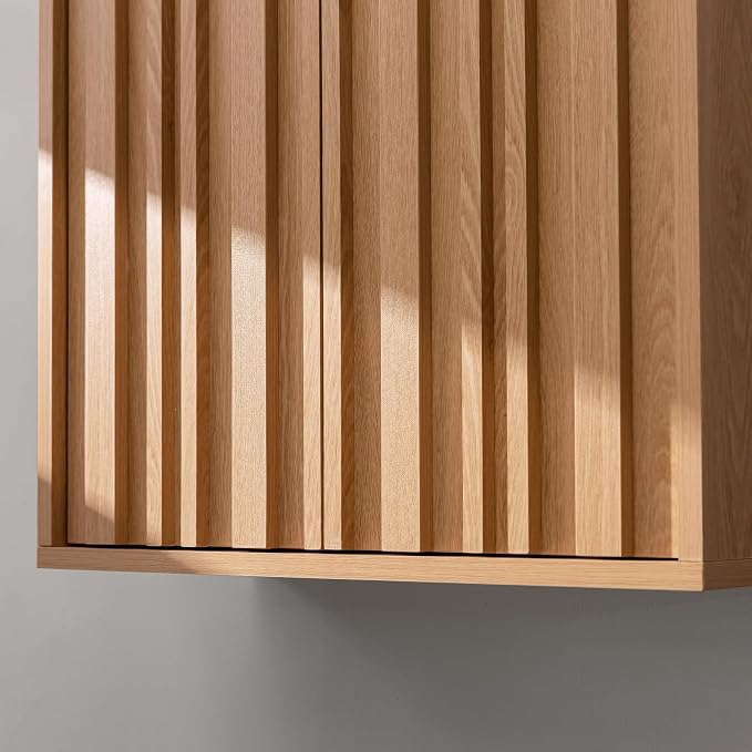 VANIRROR Fluted Bathroom Wall Cabinet Over Toilet, 15mm Thick Moisture-Resistant Wood Hanging Storage with Push-to-Open Doors, Japandi Floating Medicine Cabinet for Half Bath & Kitchen, Natural Oak
