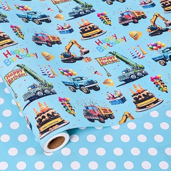 Altarho Reversible Construction Wrapping Paper Roll for Kids Boys - Blue Happy Birthday and Polka Dot Design Gift Wrap Sheets Supply for Baby Shower Party Decoration Total 28.5sq.ft