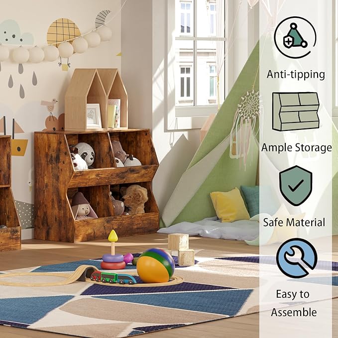DINZI LVJ Kids Bookshelf, Toy Storage Organizer, Wooden Toy Storage Cabinet, 4 Cubby Children Bookcase, 35.4" L Toddler Book Shelf for Bedroom, Nursery, Hallway, School, Rustic Brown