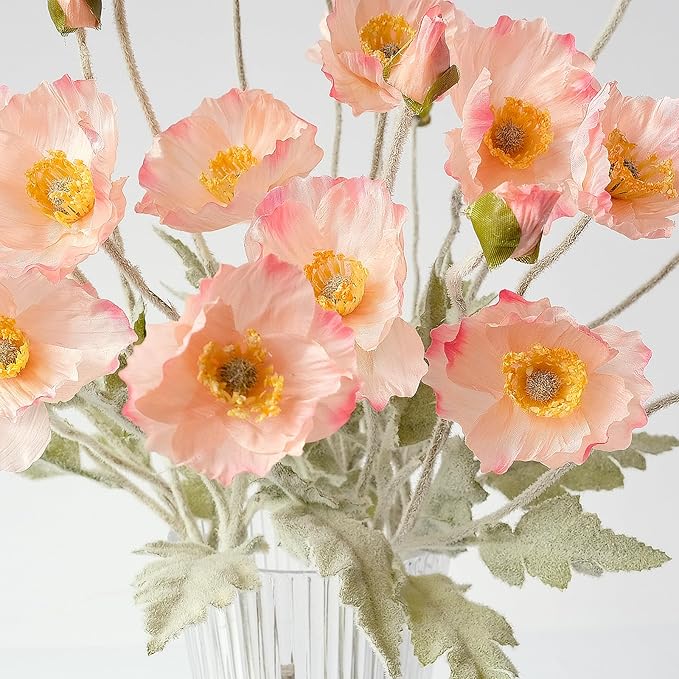 6PCS Champagne Pink Poppy Flowers Artificial Faux Flowers with Silk Stems Poppies Spring Bouquets for Home Party Halloween Centerpiece Table Baby Shower Decor