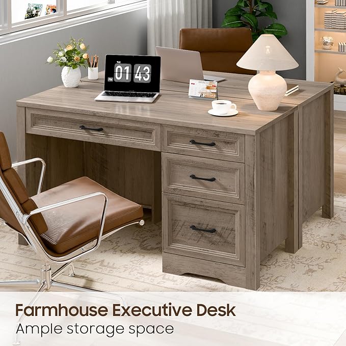 Vabches Farmhouse Executive Desk with Storage and Ample File Drawer, Rustic Large Home Writing Desk for Bedroom, Grey