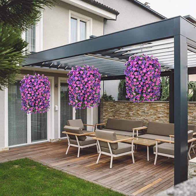 Artificial Faux Fall Hanging Flowers Plants Baskets for Outdoor Outside, Fake Silk Dark Purple Fuchsia Daisy Mums Trailing Vines in Planter Realistic UV Resistant for Balcony Porch Decor