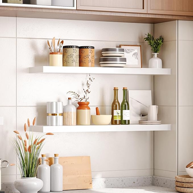 HOOBRO Floating Shelves for Wall, Wall Mounted Shelf Set of 2, 31.5" Hanging Shelf with Invisible Brackets, for Wall Decor Storage in Bathroom Bedroom Kitchen Living Room Office, White WT80BJP201