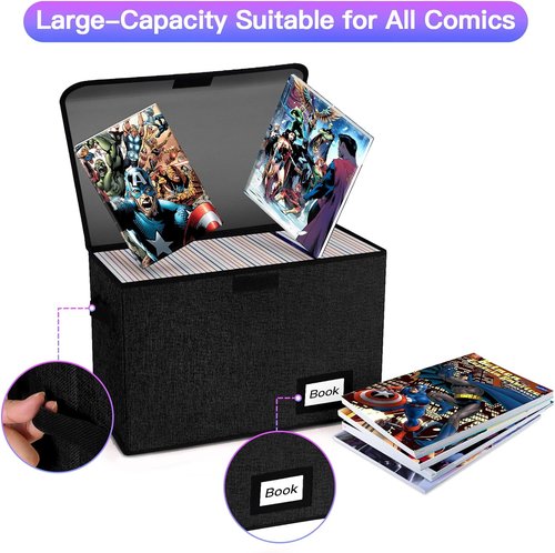 Comic Book Storage Box - Heavy Duty Organizer for 160-180 Comics | 2 Pack, Collapsible, 15.8” x 7.8” x 11.8” (Black)