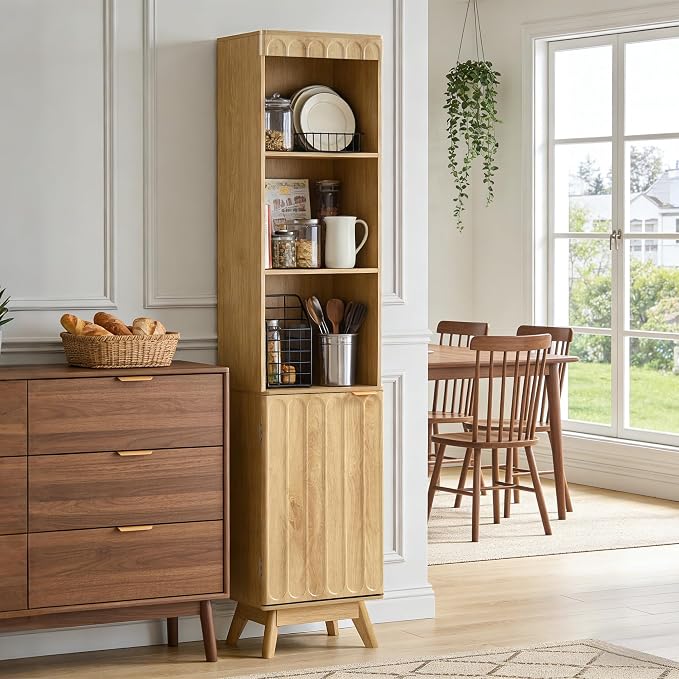 Tall Narrow Bookshelf with Door, Mid Century Modern Bookcase, 71" Slim Storage Cabinet with Adjustable Shelves, Modern Open Display Storage Organizer for Living Room Bathroom Office, Natural