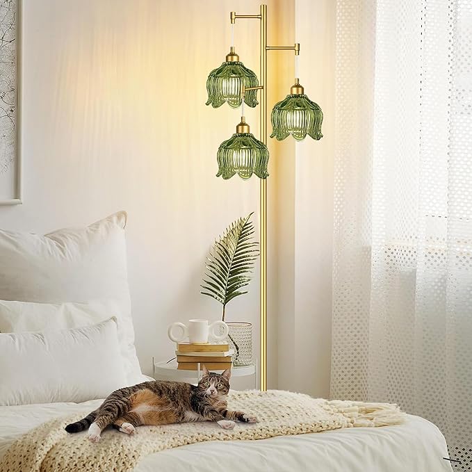 ILLMTW Glass Floor Lamp for Living Room,Bedroom,Gold Mid Century Modern Standing Lamp Brass Tree 3 Light Tall Floor Lamps Vintage Retro Floor Lights Green Flower Lamp Shade Farmhouse Boho Bohemian