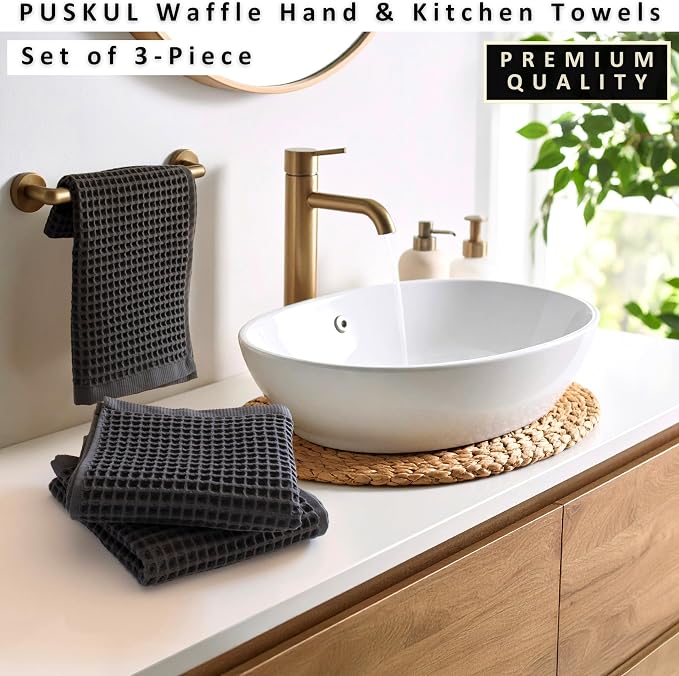 PÜSKÜL Natural 100% Turkish Cotton Waffle Kitchen Towels Set of 3 | Oeko-Tex, Premium Waffle Hand Towels for Bathroom | Soft Absorbent Quick-Dry Lint-Free Dish Towel Large 32x16 inch (3, Dark Gray)