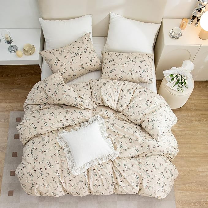 Floral Queen Comforter Set 3 Pieces Soft Chic Garden Style Floral Print Lightweight Vintage Botanical Flowers Comforter Set for All Seasons 1 Comforter and 2 Pillowcases