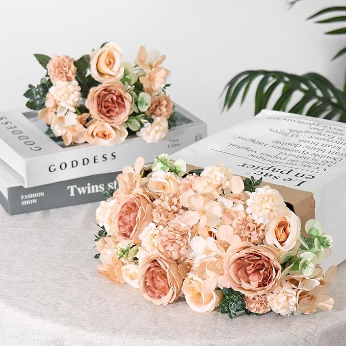 4 Bundles Champagne Peonies Artificial Flowers Silk Flower Centerpieces for Tables Fake Flower Arrangements Mixed Roses Hydrangea with Stems for Wedding Bridal Bouquets Home Table Decor