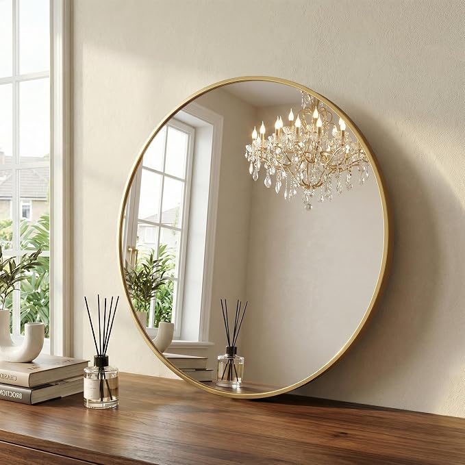 36 Inch Gold Round Bathroom Wall Mirror, Round Mirrors for Wall Decor, Circle Mirror for with HD Shatter-Proof Glass for Entryway, Living Room, Bedroom, Dressing Room, Home Decor