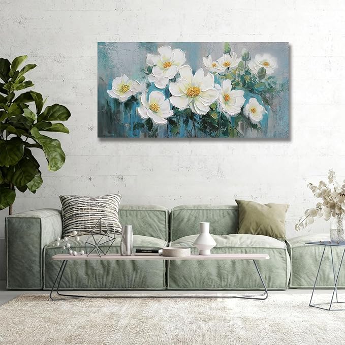 Ardemy White Floral Canvas Wall Art Large Teal Textured Pictures Wall Decor Turquoise Paintings Artwork for Living Room Bedroom Home Office, 40"x20"